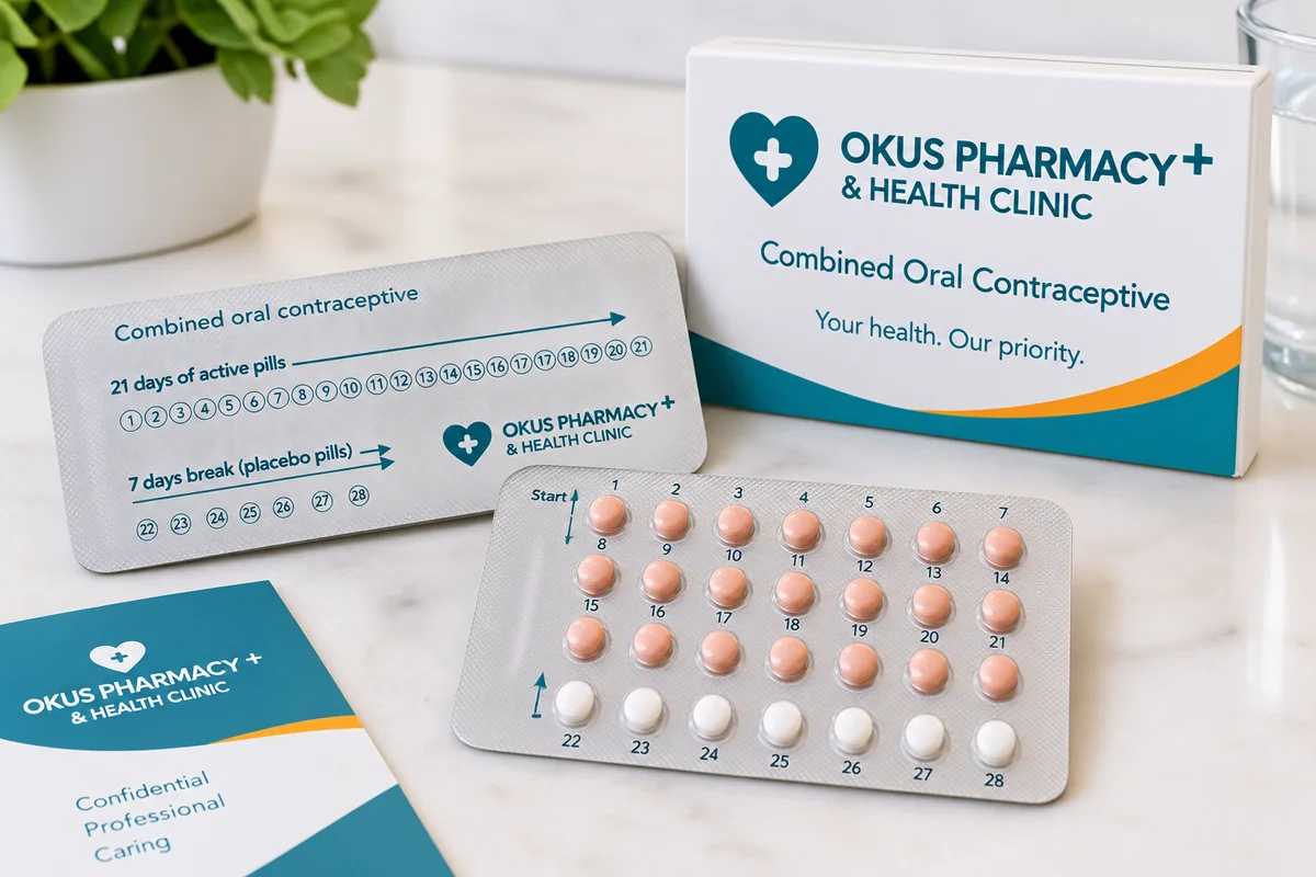 Okus Pharmacy combined oral contraceptive pack and blister strip showing 21 active pills and a 7-day break of placebo pills
