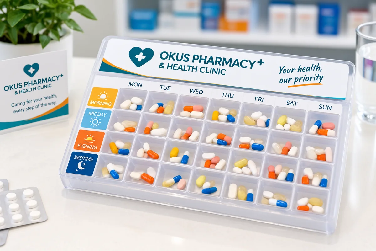 Okus Pharmacy weekly dosette box with medication sorted by day and by time of day — morning, midday, evening and bedtime
