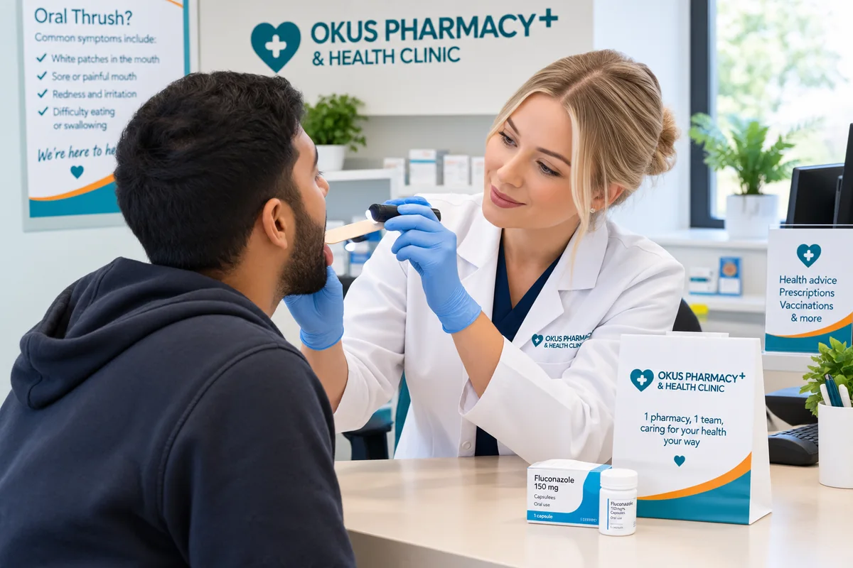 Pharmacist at Okus Pharmacy examining a patient's mouth for signs of oral thrush
