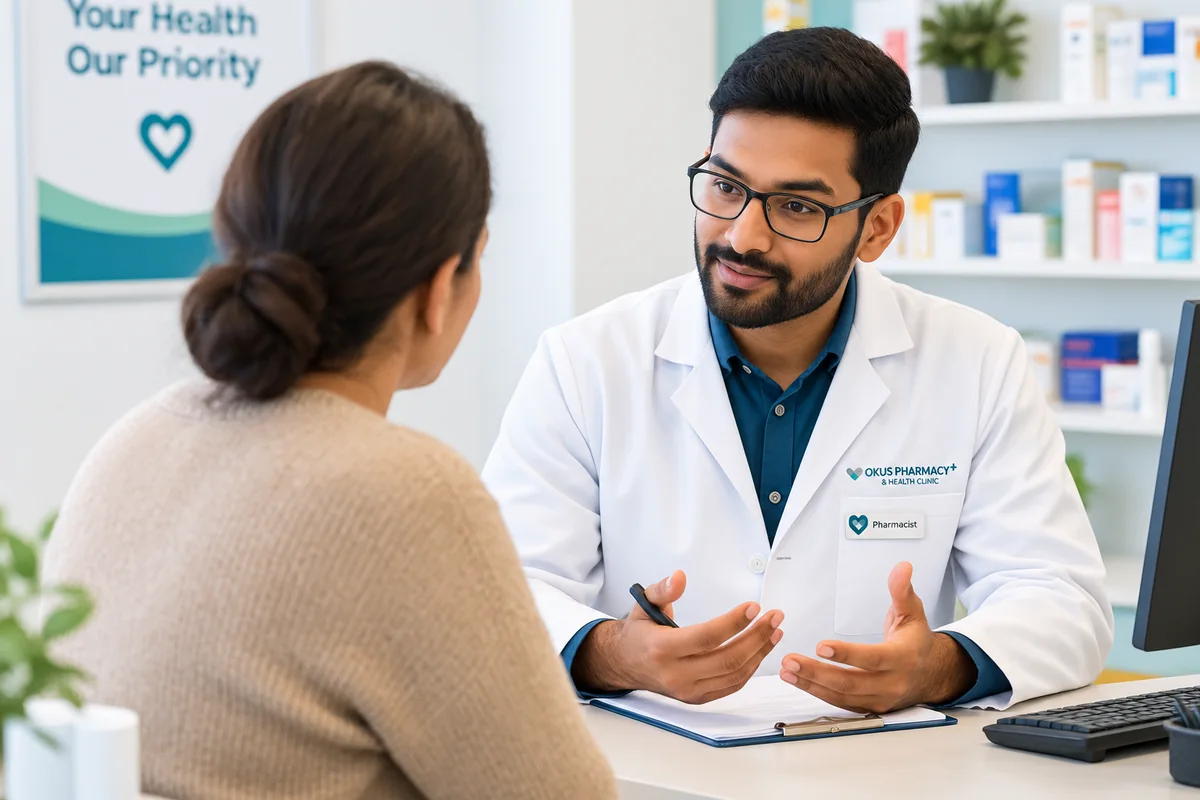 Okus Pharmacy pharmacist giving a patient advice during a consultation at the counter