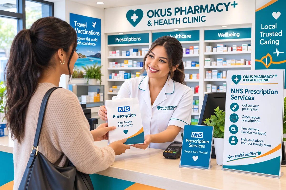 Okus Pharmacy pharmacist handing an NHS prescription bag to a patient, with an NHS Prescription Services sign listing collect your prescription, order repeat prescriptions, free delivery service available, and help and advice from our friendly team