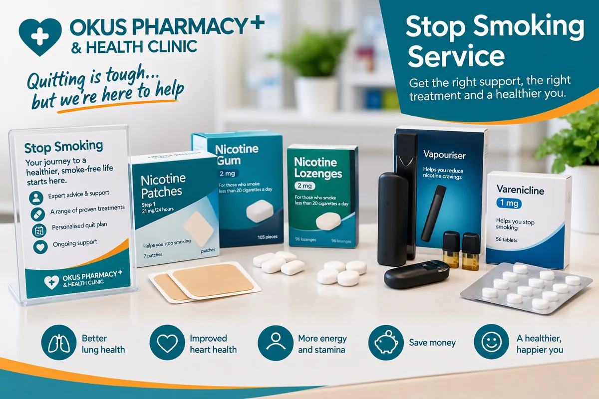 Okus Pharmacy Stop Smoking Service — nicotine patches, gum, lozenges, a vape and stop smoking medication on a table, with the message “Quitting is tough… but we’re here to help”