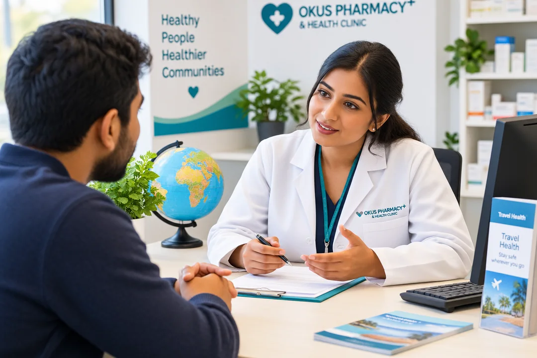 Pharmacist giving a travel health consultation at Okus Pharmacy